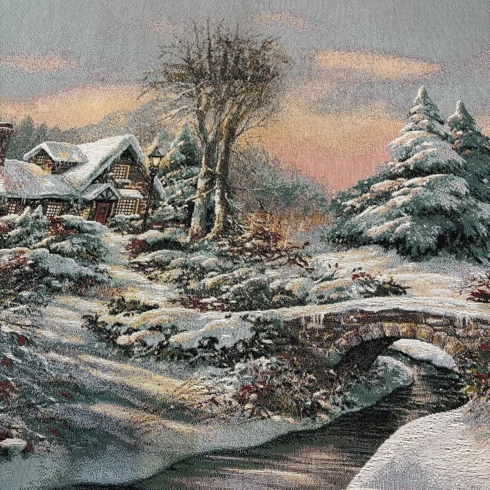 Mohawk Home Vintage Tapestry Throw Blanket Winter Scene Cabin in Woods 56x48